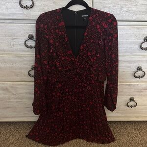 Express Black Long Sleeve Dress with Red Floral Print